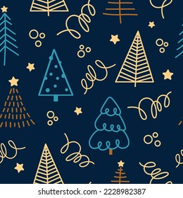 Winter seamless pattern with christmas trees, spruce woods on blue background. Ideal for textile, fabric, wallpaper, wrapping, giftwrap, paper, scrapbook and packaging.