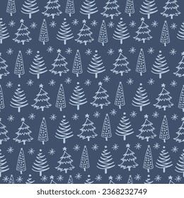 Winter seamless pattern with Christmas trees and snowflakes. Pattern with Christmas trees in winter colors. Design of fabric, packaging, wallpaper, cover.