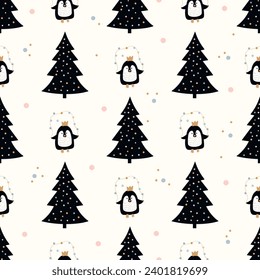 Winter seamless pattern with christmas trees and penguins.New year vector background