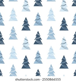 Inverno padrão sem costura com árvores de Natal em tons azuis. Fundo de Natal. Estilo minimalista, modelo de design de feriado