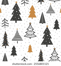 Winter seamless pattern with Christmas trees and snowflakes in doodle style. Design for wallpapers, wrapping, cards, fabric, textile and other.
