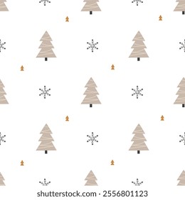 Winter seamless pattern with Christmas trees and snowflakes in doodle style. Design for wallpapers, wrapping, cards, fabric, textile and other.