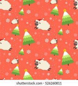 Winter seamless pattern with Christmas trees and sheeps in flat design style. Vector illustration on red background 