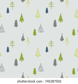 Winter seamless pattern with Christmas trees. Forest. Hand drawn vector illustration. Christmas wrapping paper.