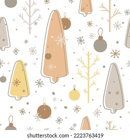 Patrón ininterrumpido de invierno con árboles de navidad, bosques de abeto con copos de nieve, colores pastel en la ilustración vectorial de fondo blanco.Diseño de superficie para textiles, tela, papel pintado, envoltorio, giftwrap,embalaje