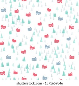 Winter seamless pattern. Christmas vector background, cute template with snow, pine trees and village houses, nordic rorbu for wrapping paper, web design or sheet fabric