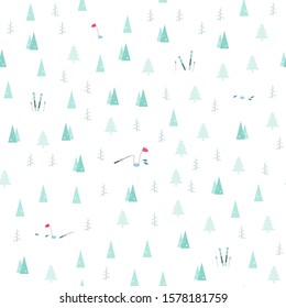 Winter seamless pattern. Christmas vector background, cute template with snow, pine trees, ski, fishing for wrapping paper, web design or sheet fabric