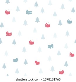 Winter seamless pattern. Christmas vector background, cute template with snow, pine trees and village houses, nordic rorbu for wrapping paper, web design or sheet fabric