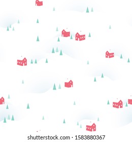 Winter seamless pattern. Christmas vector background, cute template with snow, pine trees and village houses for wrapping paper, web design, patchwork, sewing or sheet fabric