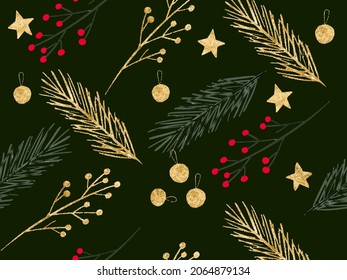 Invernal patrón sin fisuras con guirnalda de Navidad, abeto dorado, abeto, elementos decorativos, baya holly. Fondo de vacaciones. 