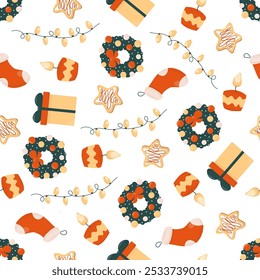 Winter seamless pattern with Christmas wreath, gift, candle, garland, cookies and Christmas sack. Colorful cute hand drawn background. For web backgrounds, fabrics, wrapping paper, decoration. On a wh