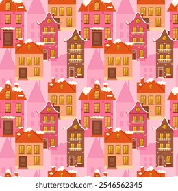 Patrón inconsútil del invierno con las casas de ciudad. Ilustración vectorial