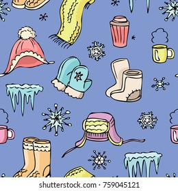Winter seamless pattern. Winter clothes, snowflakes, icicles, coffe and tea. Hand drawing doodle texture. Vector illustration.