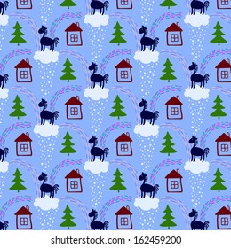 Winter seamless pattern with clouds, horses and houses.