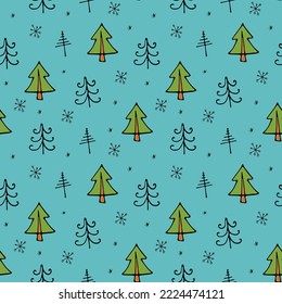Winter seamless pattern of colored and contoured fir trees. Color vector pattern in doodle style. Suitable for paper packaging, textile printing, labels and other gifts.
