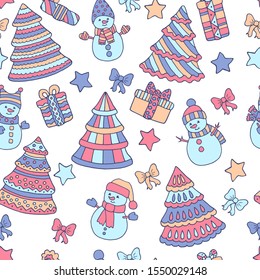 Winter seamless pattern with colorful Christmas trees and snowmen on white background