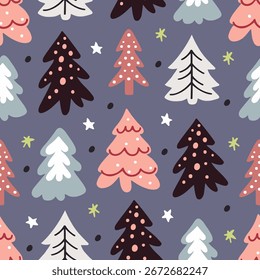 Patrón inconsútil del invierno con los árboles de Navidad coloridos en fondo púrpura. Patrón de abeto utilizado para envolver papel, textiles y diseño festivo. Ilustración vectorial.