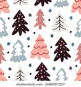 Inverno padrão sem costura com árvores de Natal coloridas no fundo branco. Padrão de abeto usado para embrulhar papel, tecido e design festivo. Ilustração vetorial.