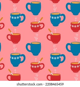 Winter seamless pattern with colorful cups with hot drink. Merry Christmas. Holiday banner design. Cooking background. Seamless pattern. Christmas background.