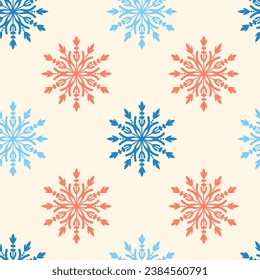 El invierno es fluido con copos de nieve coloridos. Acogedor paisaje vintage sin fin de temporada con nieve. Ilustración vectorial repetida de higge mate para textiles, papel de envoltura, tarjeta de saludo