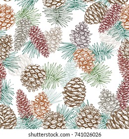 Winter seamless pattern. Cones and needles. Pine, cedar, fir tee cones, hand drawing. Pinecones sketch, vector illustration.
