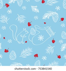Winter seamless pattern with cones, pine spruce, red berries and squirrel. Elements for Merry Christmas and Happy New Year. Vector.