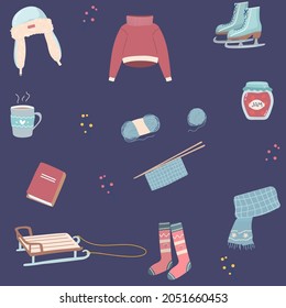 Winter. seamless pattern Cozy winter clothes. A set of winter cute things. Isolated vector illustration. Teapot, jam, book scarf cup,sled, knitted clothes. vector on blue flat cartoon