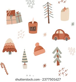 Winter seamless pattern of cozy elements (simple Christmas trees, candles, gift boxes, knitted hat, red car), hand drawn vector illustration