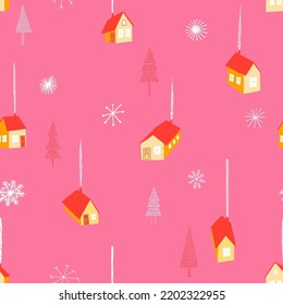 Winter seamless pattern with cozy home village in the woods. Christmas wrapping paper or background.