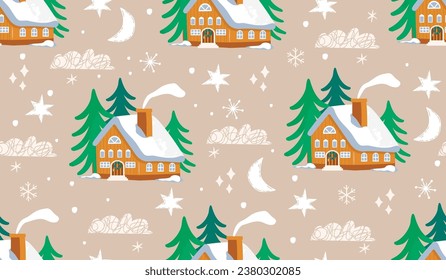 Winter seamless pattern with cozy house and green fir-trees.Cute background with moon,stars,clouds and snowflakes in white.Hand drawn print on fabric and paper.Vector seasonal illustration on beige.