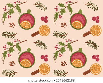 Winter seamless pattern with a cup of traditional holiday drink top view. Vector illustration of a continuous pattern with mistletoe, fir branch, cinnamon, orange. ideal for backgrounds, textiles