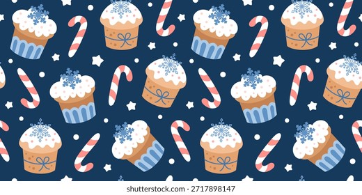 Winter seamless pattern with cupcakes, snowflakes and candy cane in pastel cartoon style. Cozy Christmas sweet foods, tasty bakery, Holiday background.