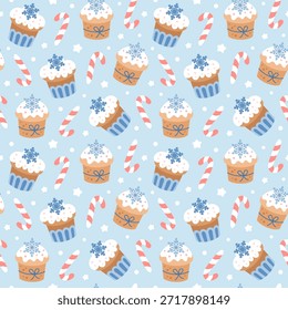 Winter seamless pattern with cupcakes, snowflakes and candy cane in pastel cartoon style. Cozy Christmas sweet foods, tasty bakery, Holiday background.
