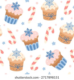 Winter seamless pattern with cupcakes, snowflakes and candy cane in pastel cartoon style. Cozy Christmas sweet foods, tasty bakery, Holiday background.