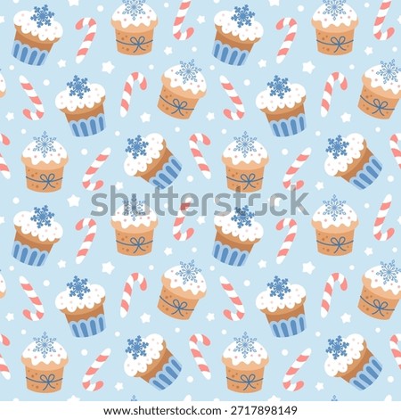 Winter seamless pattern with cupcakes, snowflakes and candy cane in pastel cartoon style. Cozy Christmas sweet foods, tasty bakery, Holiday background.
