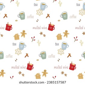 Winter seamless pattern with cups and gingerbread cookies. Vector illustration