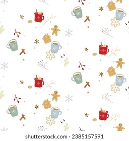 Winter seamless pattern with cups and gingerbread cookies. Vector illustration