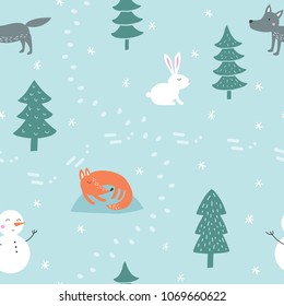 Winter seamless pattern with cute animal in forest on blue background. Hand-drawn vector illustration for your design, printed, fabric, children room or clothing.