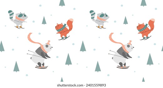Winter seamless pattern: cute animals - panda, fox and raccoon, skiing in the winter forest. Vector illustration.