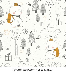 winter seamless pattern with  cute bear in woodland. hand drawn vector  illustration.