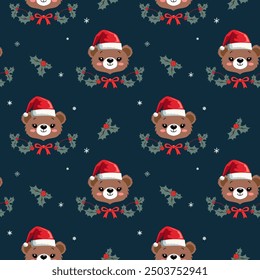 Winter seamless pattern with cute bear in santa hat. Christmas backgrounds. New year decoration. Cartoon xmas pattern. 