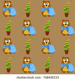 Winter Seamless Pattern with cute bear and christmas tree on background like craft paper. Happy New Year and Merry Christmas