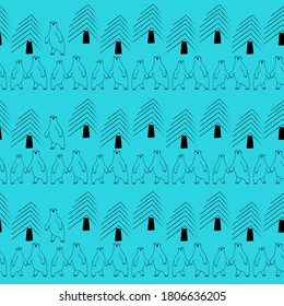 Winter seamless pattern with cute bears and fir trees. Christmas print in blue and black colors. Graphic cartoon print with bears in scandinavian style. Vector illustration