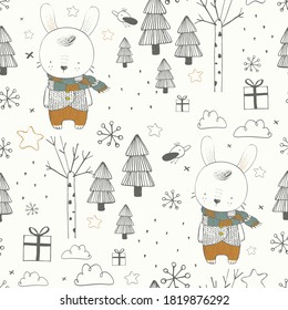 winter seamless pattern with  cute bunny in woodland. hand drawn vector  illustration.