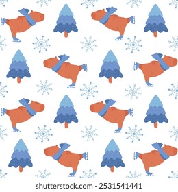 Winter seamless pattern with cute capybara on ice skates, snowflakes and Christmas tree. Flat vector illustration for fabric or wrapping paper.