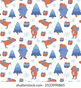 Winter seamless pattern with cute capybara on ice skates, snowflakes and Christmas tree. Flat vector illustration for fabric or wrapping paper.