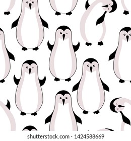 Winter seamless pattern with cute cartoon penguins and ice cream on a white background.