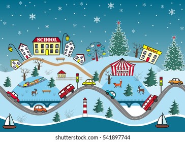 Winter seamless pattern. Cute cartoon hills with city houses, streets, cars, and fir trees. Vector illustration