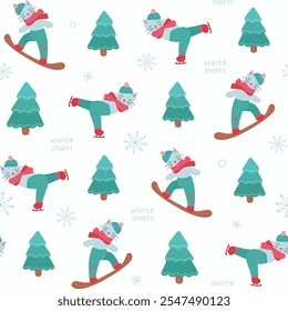 Winter seamless pattern with cute cat on snowboard and skates. Vector illustration of winter sports for fabric, wrapping paper and other backgrounds.