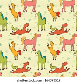 Winter seamless pattern with cute colorful cartoon horses and snowflakes on polka dot background.